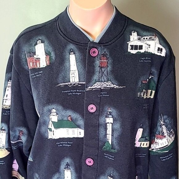 Lighthouse Vintage Artisan Sweatshirt Cardigan Michigan 90s Oversized Size Large - Picture 2 of 10